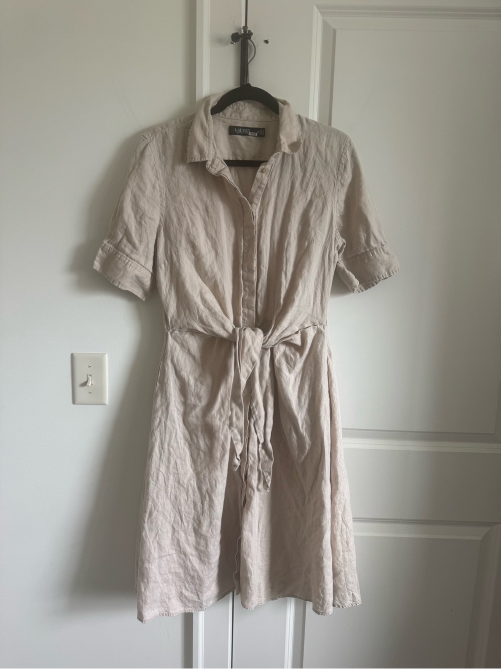 100% Linen Ralph Lauren Light Beige Linen Tie-Waist Midi Dress